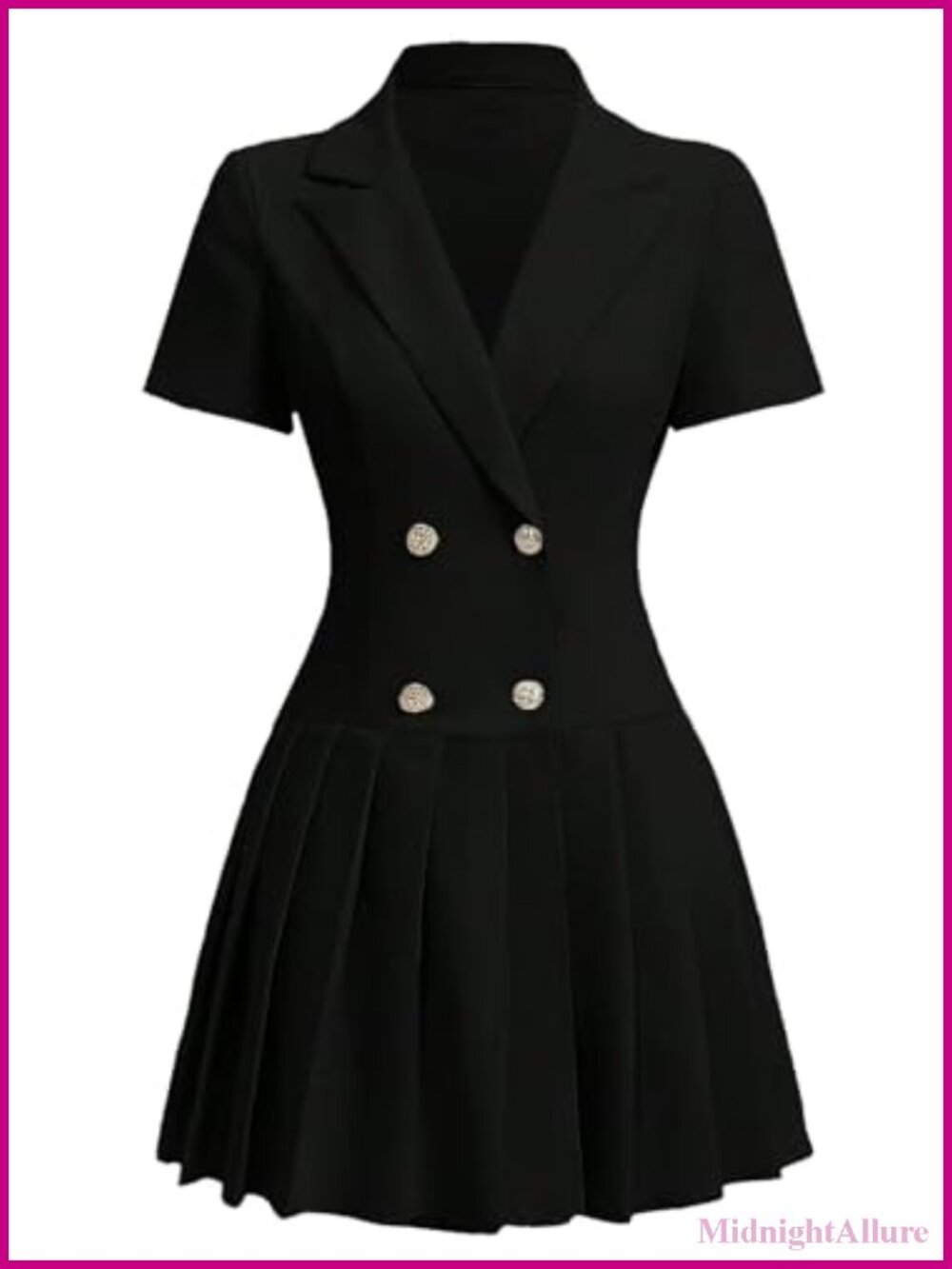 Women's Double Breasted Blazer Dress Pleated Hem Gold Buttons